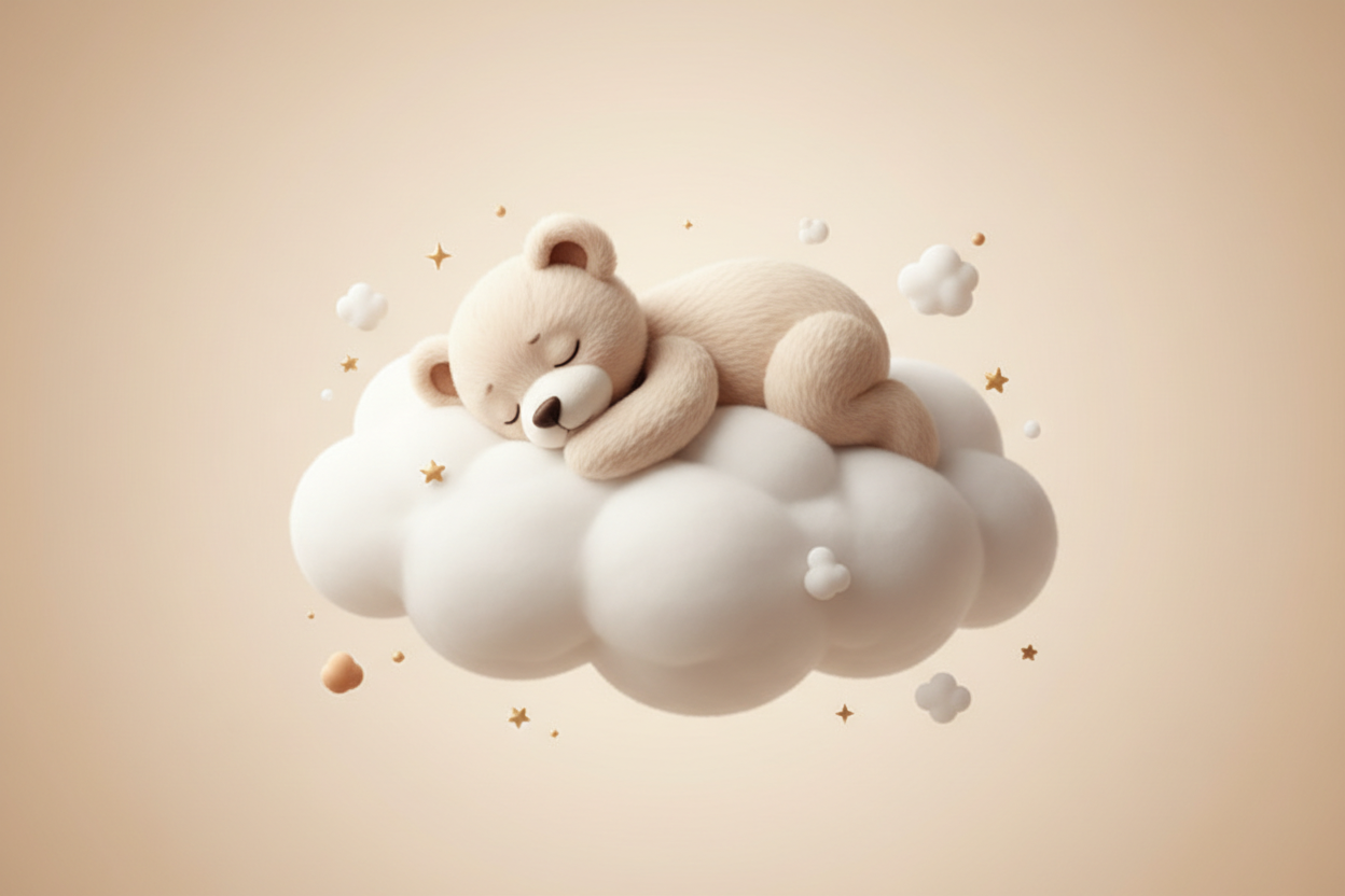 Cute teddy bear sleeping on a cloud with beige background